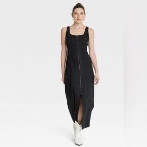 NWT Universal Thread Corset Fitted Black Denim Zip Front Midi Dress